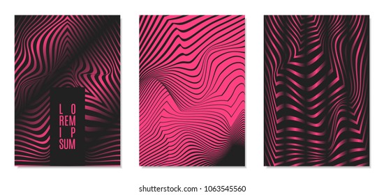 Cover Design Templates Set with Effect of Optical Illusion in Pink and Black Colors. Abstract Backgrounds with Distortion of Geometric Shapes. Trendy Covers with Text and Gradient for Magazine, Book.