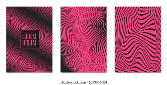 Cover Design Templates Set with Effect of Optical Illusion in Pink and Black Colors. Abstract Backgrounds with Distortion of Geometric Shapes. Trendy Covers with Text and Gradient for Magazine, Book.