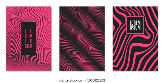 Cover Design Templates Set with Effect of Optical Illusion in Pink and Black Colors. Abstract Backgrounds with Distortion of Geometric Shapes. Trendy Covers with Text and Gradient for Magazine, Book.