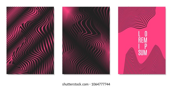Cover Design Templates Set with Effect of Optical Illusion in Pink and Black Colors. Abstract Backgrounds with Distortion of Geometric Shapes. Trendy Covers with Text and Gradient for Magazine, Book.