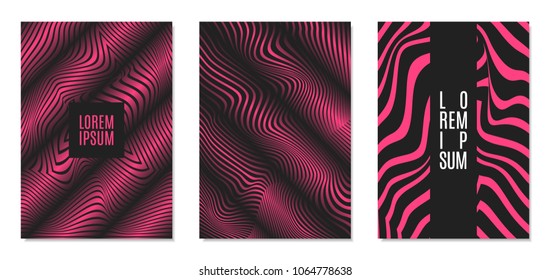 Cover Design Templates Set with Effect of Optical Illusion in Pink and Black Colors. Abstract Backgrounds with Distortion of Geometric Shapes. Trendy Covers with Text and Gradient for Magazine, Book.