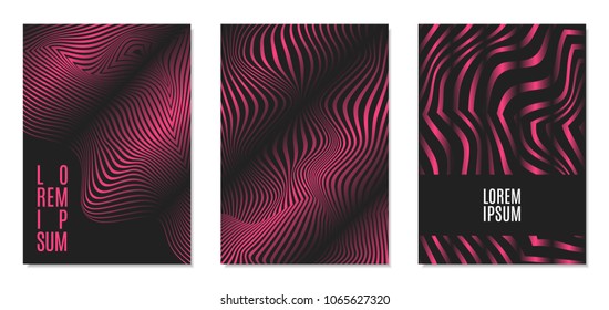 Cover Design Templates Set with Effect of Optical Illusion in Pink and Black Colors. Abstract Backgrounds with Distortion of Geometric Shapes. Trendy Covers with Text and Gradient for Magazine, Book.
