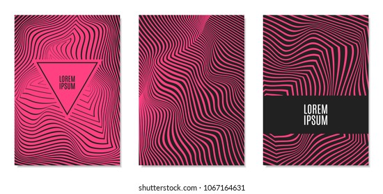 Cover Design Templates Set with Effect of Optical Illusion in Pink and Black Colors. Abstract Backgrounds with Distortion of Geometric Shapes. Trendy Covers with Text and Gradient for Magazine, Book.