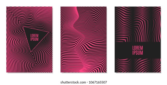 Cover Design Templates Set with Effect of Optical Illusion in Pink and Black Colors. Abstract Backgrounds with Distortion of Geometric Shapes. Trendy Covers with Text and Gradient for Magazine, Book.