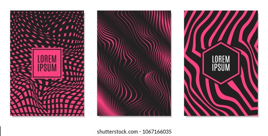 Cover Design Templates Set with Effect of Optical Illusion in Pink and Black Colors. Abstract Backgrounds with Distortion of Geometric Shapes. Trendy Covers with Text and Gradient for Magazine, Book.