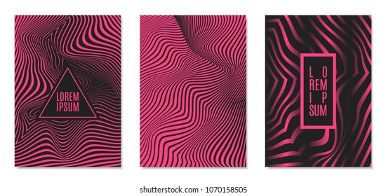 Cover Design Templates Set with Effect of Optical Illusion in Pink and Black Colors. Abstract Backgrounds with Distortion of Geometric Shapes. Trendy Covers with Text and Gradient for Magazine, Book.