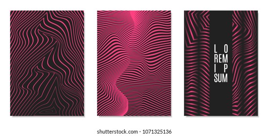 Cover Design Templates Set with Effect of Optical Illusion in Pink and Black Colors. Abstract Backgrounds with Distortion of Geometric Shapes. Trendy Covers with Text and Gradient for Magazine, Book.