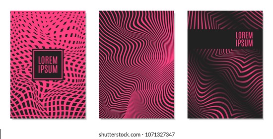 Cover Design Templates Set With Effect Of Optical Illusion In Pink And Black Colors. Abstract Backgrounds With Distortion Of Geometric Shapes. Trendy Covers With Text And Gradient For Magazine, Book.