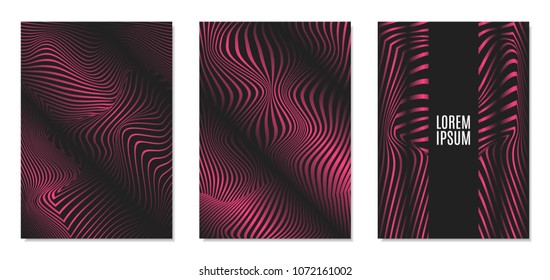 Cover Design Templates Set with Effect of Optical Illusion in Pink and Black Colors. Abstract Backgrounds with Distortion of Geometric Shapes. Trendy Covers with Text and Gradient for Magazine, Book.