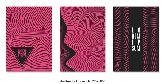 Cover Design Templates Set with Effect of Optical Illusion in Pink and Black Colors. Abstract Backgrounds with Distortion of Geometric Shapes. Trendy Covers with Text and Gradient for Magazine, Book.
