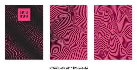 Cover Design Templates Set with Effect of Optical Illusion in Pink and Black Colors. Abstract Backgrounds with Distortion of Geometric Shapes. Trendy Covers with Text and Gradient for Magazine, Book.