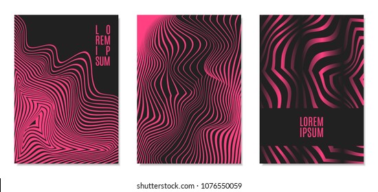 Cover Design Templates Set with Effect of Optical Illusion in Pink and Black Colors. Abstract Backgrounds with Distortion of Geometric Shapes. Trendy Covers with Text and Gradient for Magazine, Book.