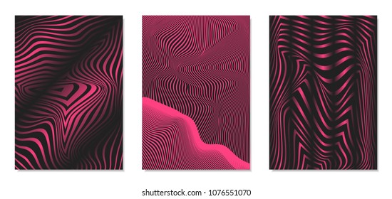 Cover Design Templates Set with Effect of Optical Illusion in Pink and Black Colors. Abstract Backgrounds with Distortion of Geometric Shapes. Trendy Covers with Text and Gradient for Magazine, Book.