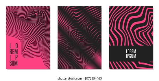 Cover Design Templates Set with Effect of Optical Illusion in Pink and Black Colors. Abstract Backgrounds with Distortion of Geometric Shapes. Trendy Covers with Text and Gradient for Magazine, Book.