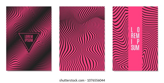 Cover Design Templates Set with Effect of Optical Illusion in Pink and Black Colors. Abstract Backgrounds with Distortion of Geometric Shapes. Trendy Covers with Text and Gradient for Magazine, Book.