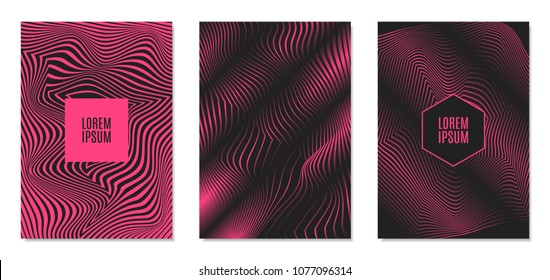 Cover Design Templates Set with Effect of Optical Illusion in Pink and Black Colors. Abstract Backgrounds with Distortion of Geometric Shapes. Trendy Covers with Text and Gradient for Magazine, Book.