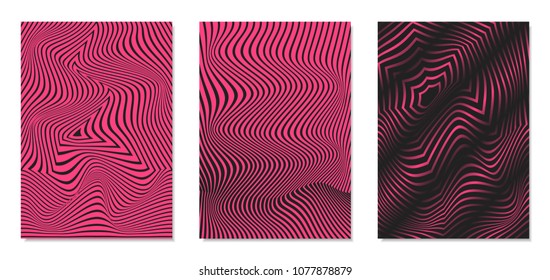Cover Design Templates Set with Effect of Optical Illusion in Pink and Black Colors. Abstract Backgrounds with Distortion of Geometric Shapes. Trendy Covers with Text and Gradient for Magazine, Book.