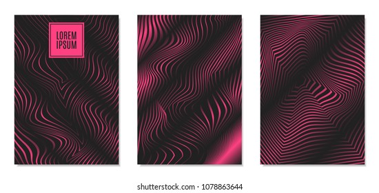 Cover Design Templates Set with Effect of Optical Illusion in Pink and Black Colors. Abstract Backgrounds with Distortion of Geometric Shapes. Trendy Covers with Text and Gradient for Magazine, Book.