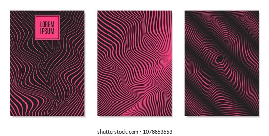 Cover Design Templates Set with Effect of Optical Illusion in Pink and Black Colors. Abstract Backgrounds with Distortion of Geometric Shapes. Trendy Covers with Text and Gradient for Magazine, Book.