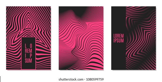 Cover Design Templates Set with Effect of Optical Illusion in Pink and Black Colors. Abstract Backgrounds with Distortion of Geometric Shapes. Trendy Covers with Text and Gradient for Magazine, Book.