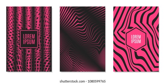 Cover Design Templates Set with Effect of Optical Illusion in Pink and Black Colors. Abstract Backgrounds with Distortion of Geometric Shapes. Trendy Covers with Text and Gradient for Magazine, Book.