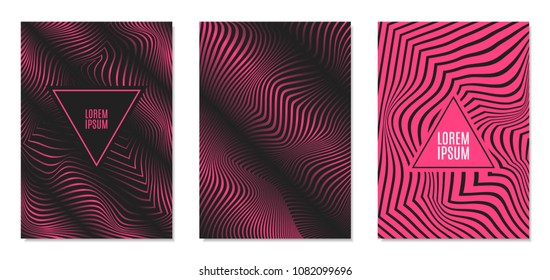 Cover Design Templates Set with Effect of Optical Illusion in Pink and Black Colors. Abstract Backgrounds with Distortion of Geometric Shapes. Trendy Covers with Text and Gradient for Magazine, Book.