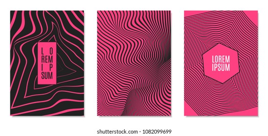 Cover Design Templates Set with Effect of Optical Illusion in Pink and Black Colors. Abstract Backgrounds with Distortion of Geometric Shapes. Trendy Covers with Text and Gradient for Magazine, Book.
