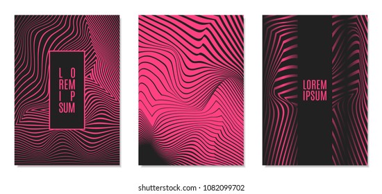 Cover Design Templates Set with Effect of Optical Illusion in Pink and Black Colors. Abstract Backgrounds with Distortion of Geometric Shapes. Trendy Covers with Text and Gradient for Magazine, Book.
