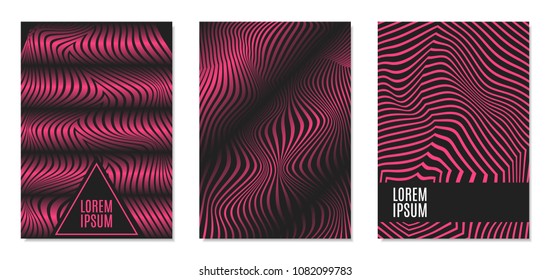 Cover Design Templates Set with Effect of Optical Illusion in Pink and Black Colors. Abstract Backgrounds with Distortion of Geometric Shapes. Trendy Covers with Text and Gradient for Magazine, Book.