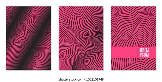 Cover Design Templates Set with Effect of Optical Illusion in Pink and Black Colors. Abstract Backgrounds with Distortion of Geometric Shapes. Trendy Covers with Text and Gradient for Magazine, Book.