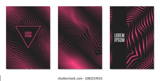 Cover Design Templates Set with Effect of Optical Illusion in Pink and Black Colors. Abstract Backgrounds with Distortion of Geometric Shapes. Trendy Covers with Text and Gradient for Magazine, Book.
