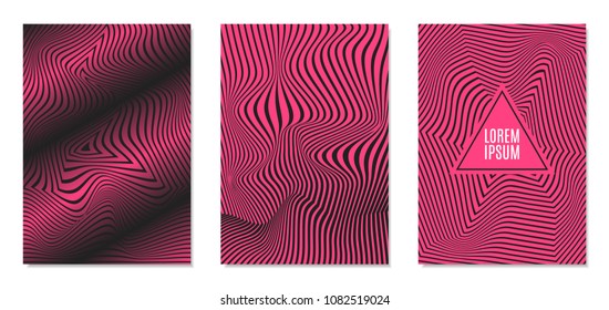Cover Design Templates Set with Effect of Optical Illusion in Pink and Black Colors. Abstract Backgrounds with Distortion of Geometric Shapes. Trendy Covers with Text and Gradient for Magazine, Book.