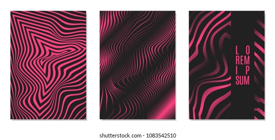 Cover Design Templates Set with Effect of Optical Illusion in Pink and Black Colors. Abstract Backgrounds with Distortion of Geometric Shapes. Trendy Covers with Text and Gradient for Magazine, Book.