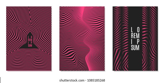 Cover Design Templates Set with Effect of Optical Illusion in Pink and Black Colors. Abstract Backgrounds with Distortion of Geometric Shapes. Trendy Covers with Text and Gradient for Magazine, Book.
