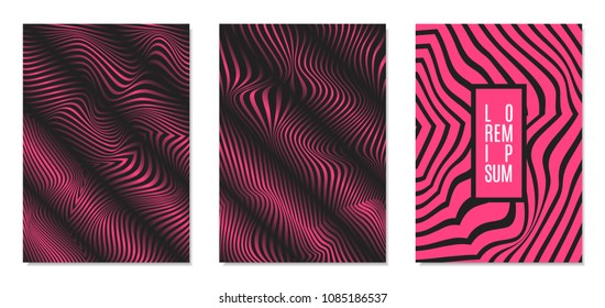 Cover Design Templates Set with Effect of Optical Illusion in Pink and Black Colors. Abstract Backgrounds with Distortion of Geometric Shapes. Trendy Covers with Text and Gradient for Magazine, Book.