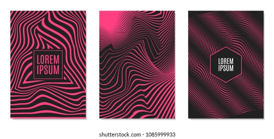 Cover Design Templates Set with Effect of Optical Illusion in Pink and Black Colors. Abstract Backgrounds with Distortion of Geometric Shapes. Trendy Covers with Text and Gradient for Magazine, Book.