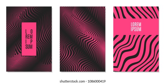 Cover Design Templates Set with Effect of Optical Illusion in Pink and Black Colors. Abstract Backgrounds with Distortion of Geometric Shapes. Trendy Covers with Text and Gradient for Magazine, Book.