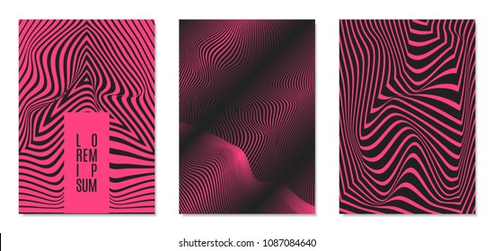 Cover Design Templates Set with Effect of Optical Illusion in Pink and Black Colors. Abstract Backgrounds with Distortion of Geometric Shapes. Trendy Covers with Text and Gradient for Magazine, Book.