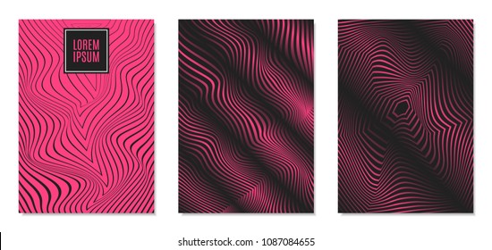 Cover Design Templates Set with Effect of Optical Illusion in Pink and Black Colors. Abstract Backgrounds with Distortion of Geometric Shapes. Trendy Covers with Text and Gradient for Magazine, Book.