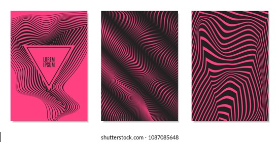 Cover Design Templates Set with Effect of Optical Illusion in Pink and Black Colors. Abstract Backgrounds with Distortion of Geometric Shapes. Trendy Covers with Text and Gradient for Magazine, Book.