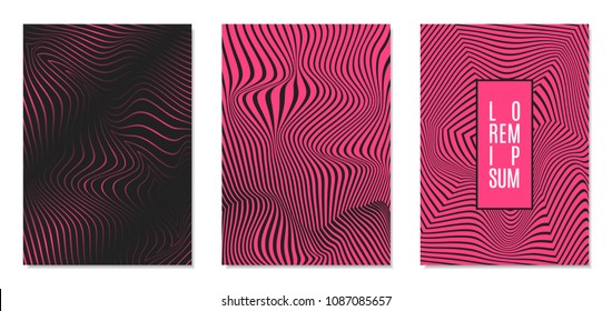 Cover Design Templates Set with Effect of Optical Illusion in Pink and Black Colors. Abstract Backgrounds with Distortion of Geometric Shapes. Trendy Covers with Text and Gradient for Magazine, Book.