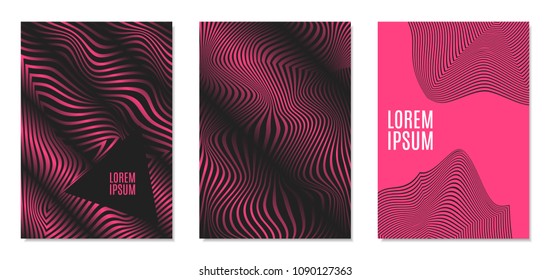 Cover Design Templates Set with Effect of Optical Illusion in Pink and Black Colors. Abstract Backgrounds with Distortion of Geometric Shapes. Trendy Covers with Text and Gradient for Magazine, Book.