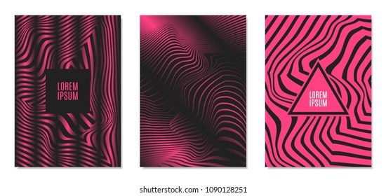 Cover Design Templates Set with Effect of Optical Illusion in Pink and Black Colors. Abstract Backgrounds with Distortion of Geometric Shapes. Trendy Covers with Text and Gradient for Magazine, Book.