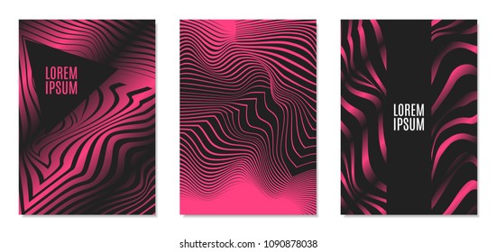 Cover Design Templates Set with Effect of Optical Illusion in Pink and Black Colors. Abstract Backgrounds with Distortion of Geometric Shapes. Trendy Covers with Text and Gradient for Magazine, Book.