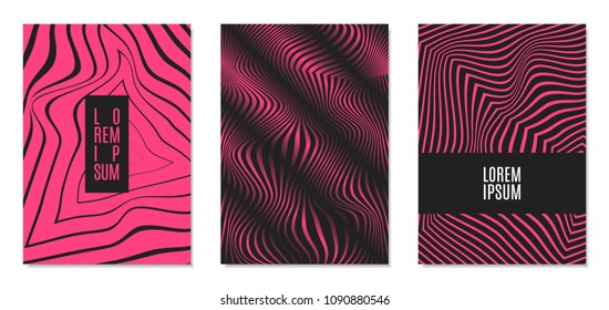 Cover Design Templates Set with Effect of Optical Illusion in Pink and Black Colors. Abstract Backgrounds with Distortion of Geometric Shapes. Trendy Covers with Text and Gradient for Magazine, Book.