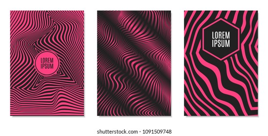 Cover Design Templates Set with Effect of Optical Illusion in Pink and Black Colors. Abstract Backgrounds with Distortion of Geometric Shapes. Trendy Covers with Text and Gradient for Magazine, Book.