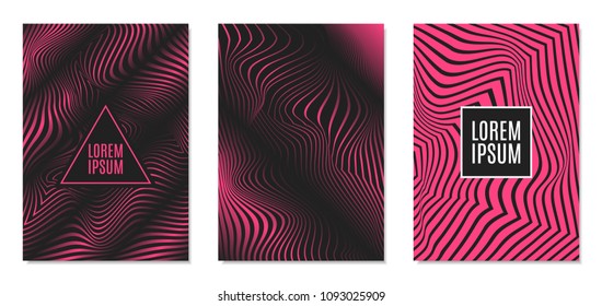 Cover Design Templates Set with Effect of Optical Illusion in Pink and Black Colors. Abstract Backgrounds with Distortion of Geometric Shapes. Trendy Covers with Text and Gradient for Magazine, Book.