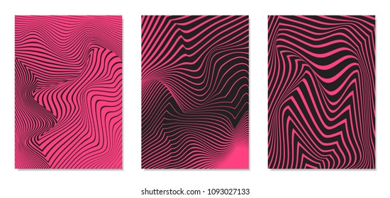 Cover Design Templates Set with Effect of Optical Illusion in Pink and Black Colors. Abstract Backgrounds with Distortion of Geometric Shapes. Trendy Covers with Text and Gradient for Magazine, Book.
