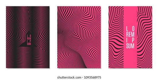 Cover Design Templates Set with Effect of Optical Illusion in Pink and Black Colors. Abstract Backgrounds with Distortion of Geometric Shapes. Trendy Covers with Text and Gradient for Magazine, Book.