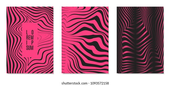 Cover Design Templates Set with Effect of Optical Illusion in Pink and Black Colors. Abstract Backgrounds with Distortion of Geometric Shapes. Trendy Covers with Text and Gradient for Magazine, Book.